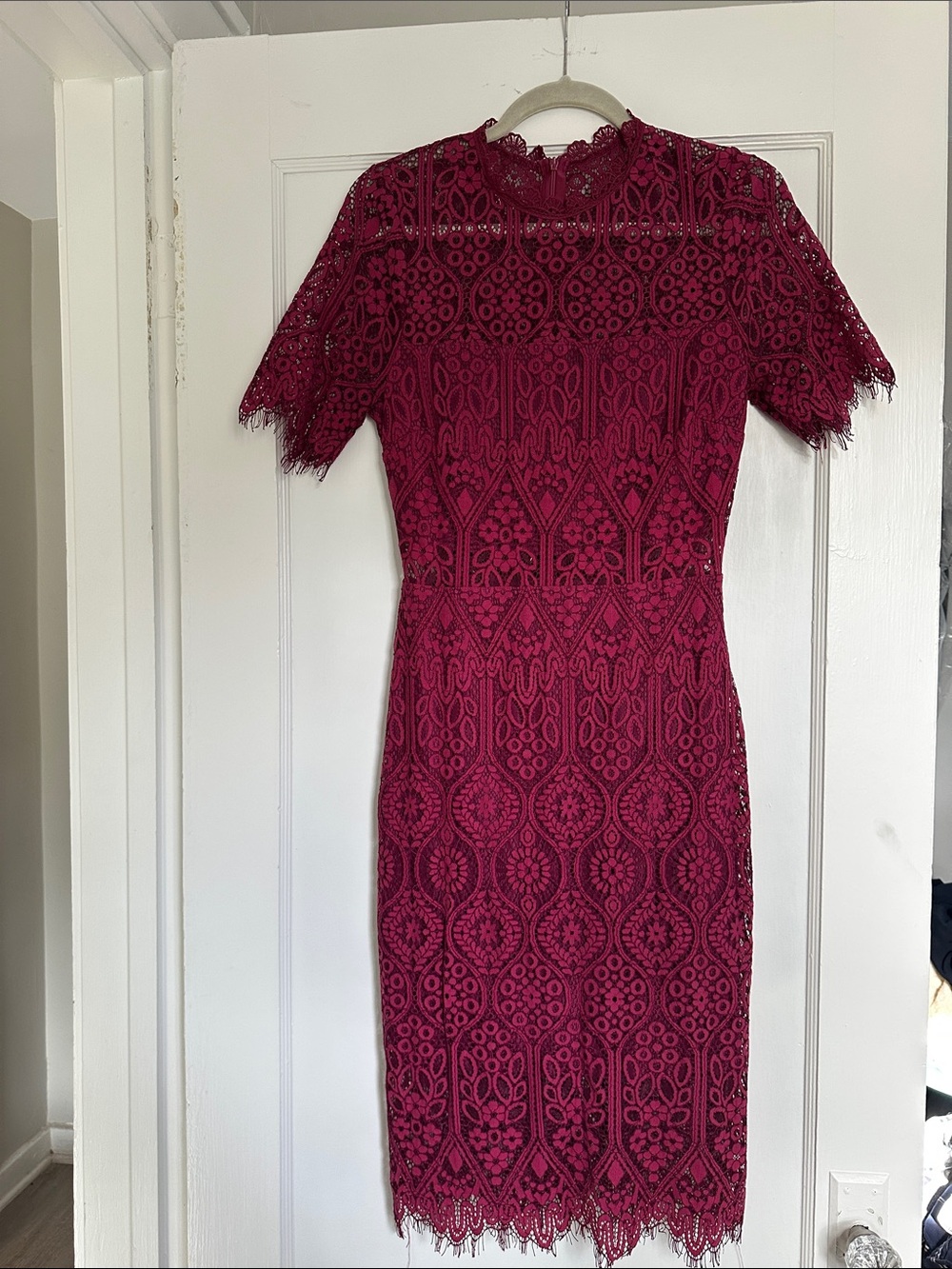 Lulu's Burgundy Lace Midi Dress with Scalloped Edges